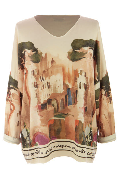 Watercolour Landscape Print Knit Jumper