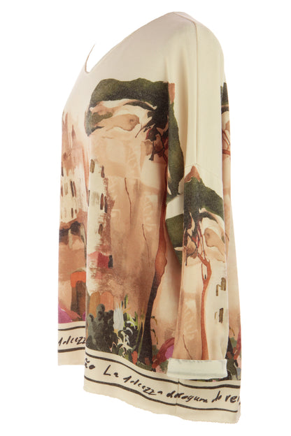 Watercolour Landscape Print Knit Jumper