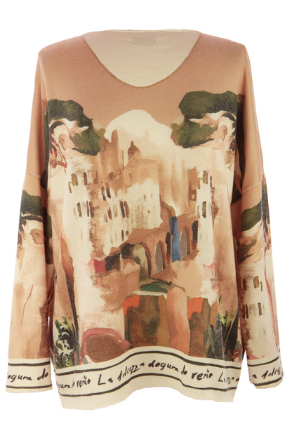 Watercolour Landscape Print Knit Jumper