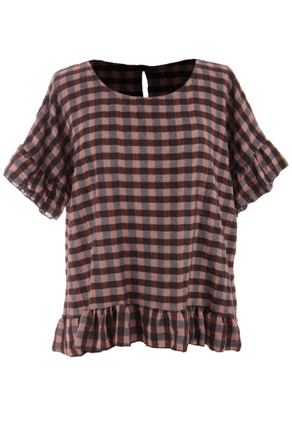 Check Ruffle Hem Cotton Top