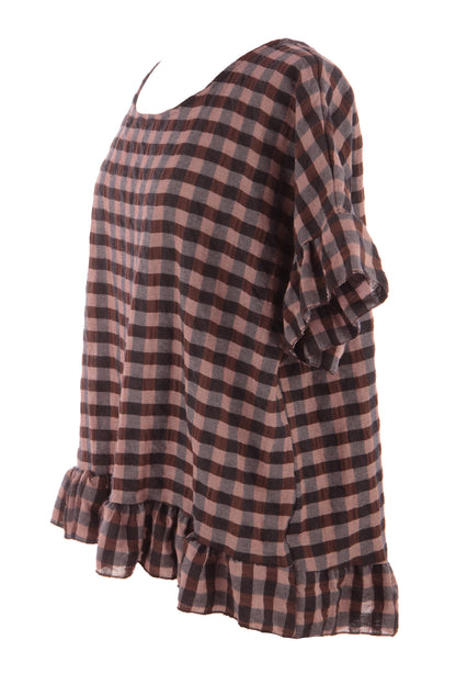 Check Ruffle Hem Cotton Top