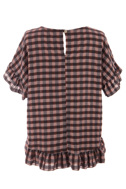 Check Ruffle Hem Cotton Top