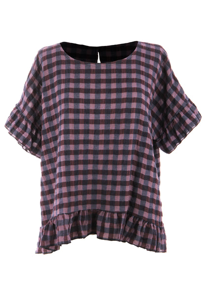 Check Ruffle Hem Cotton Top