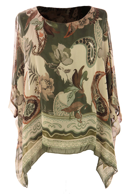 Paisley Print Batwing Silk Blouse