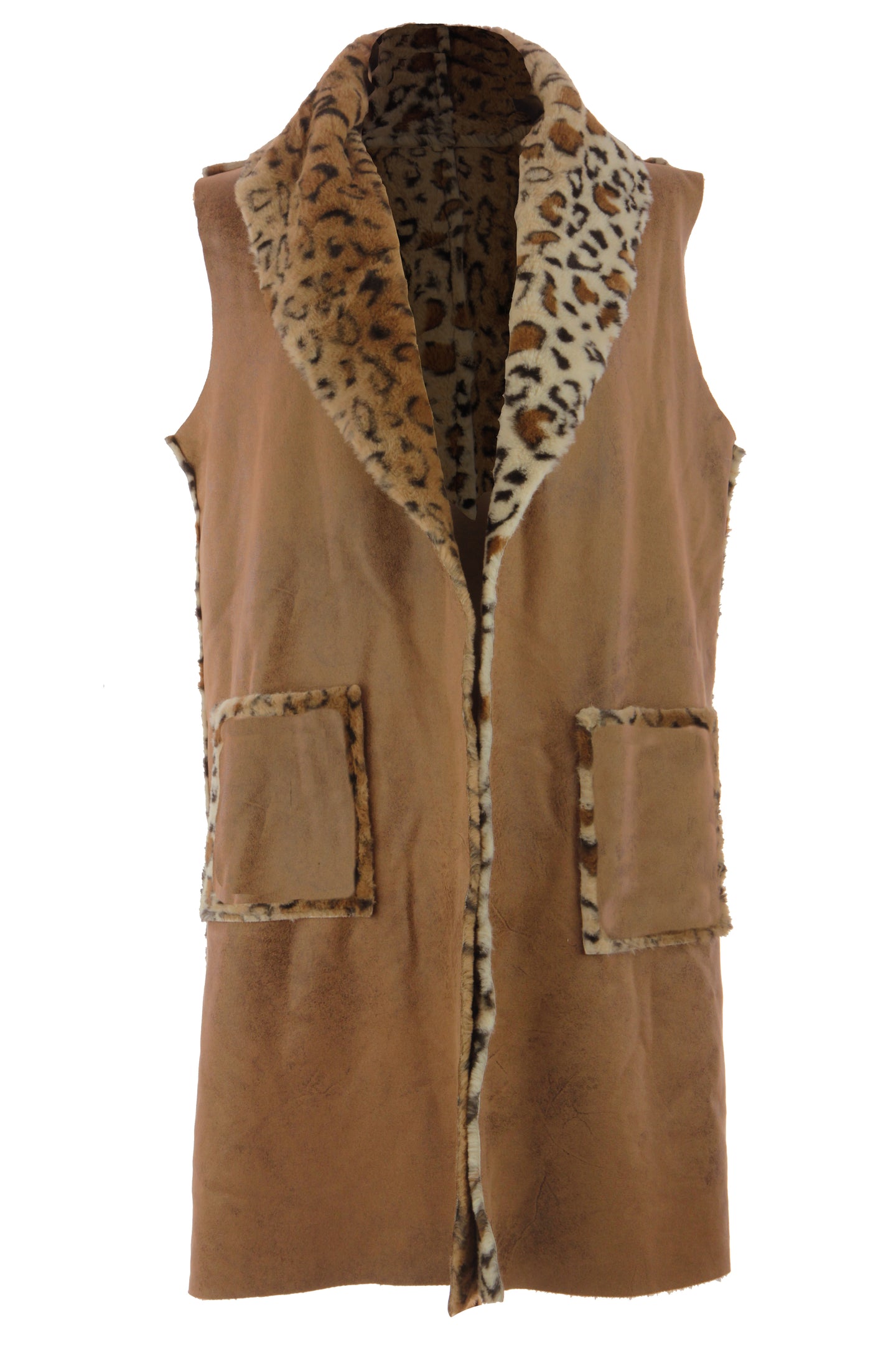 Faux Suede Leopard Longline Gilet