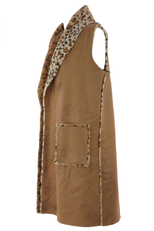 Faux Suede Leopard Longline Gilet