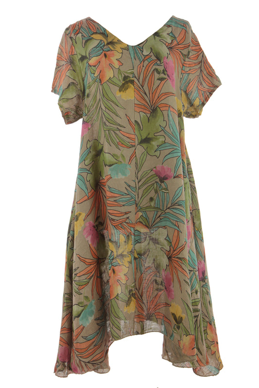 Tropical Print Linen Dress