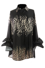 Load image into Gallery viewer, Leopard Zebra Frill Cuff Satin Shirt
