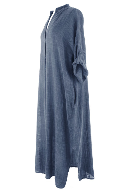V Neck 2 Pocket Cotton Midi