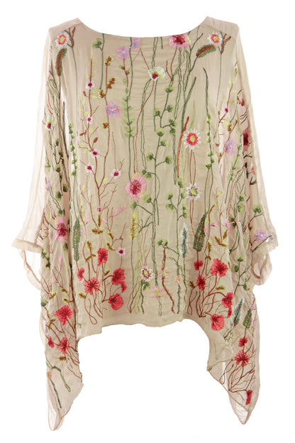 Floral Embroidery Silk Blouse