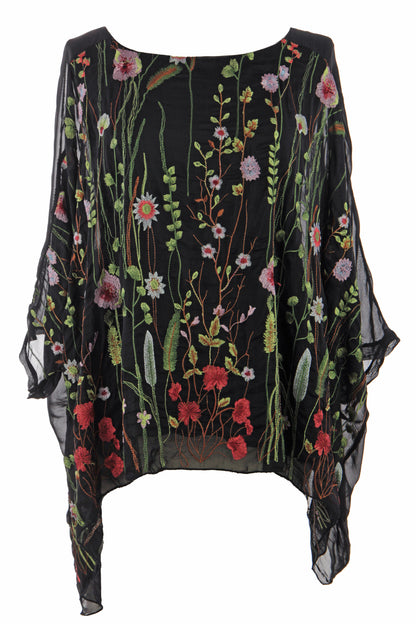 Floral Embroidery Silk Blouse
