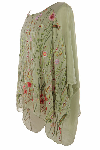 Floral Embroidery Silk Blouse