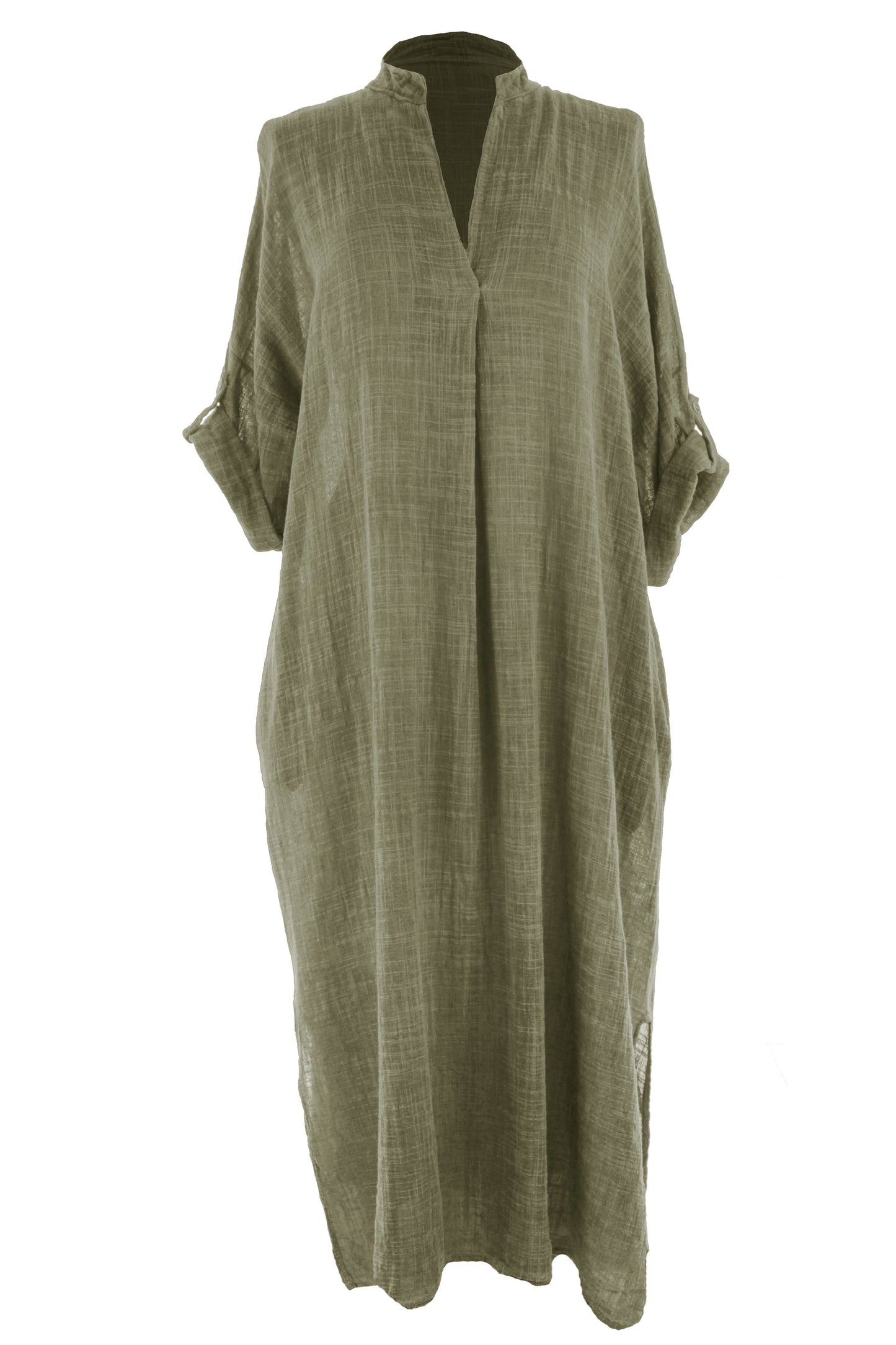 V Neck 2 Pocket Cotton Midi