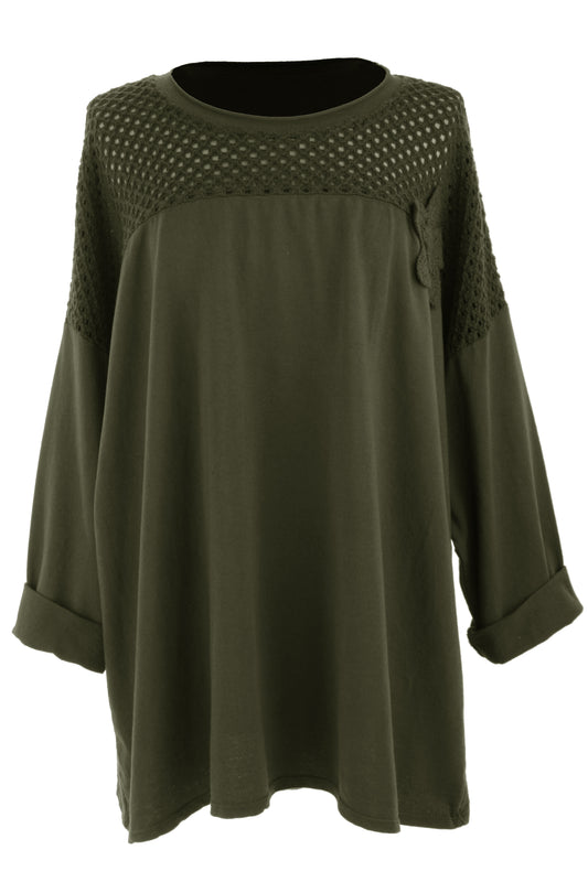 Flower Applique Crochet Jersey Top