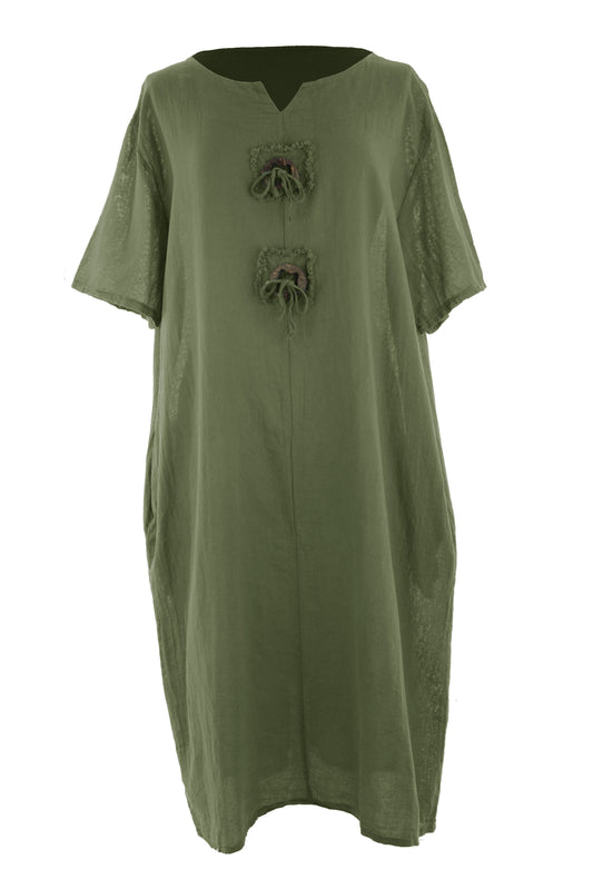 2 Tie Button Detail Cotton Dress