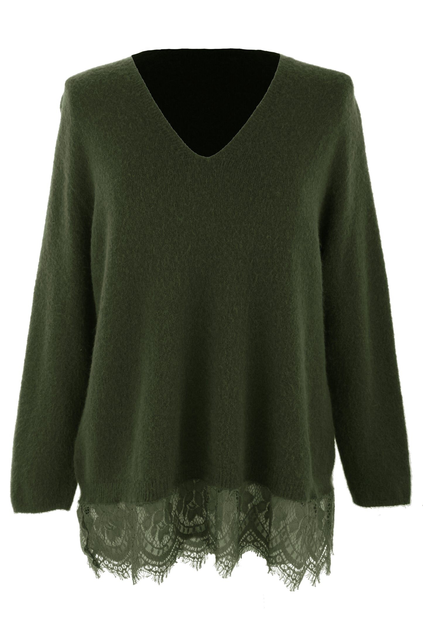 V Neck Lace Hem Wool Jumper