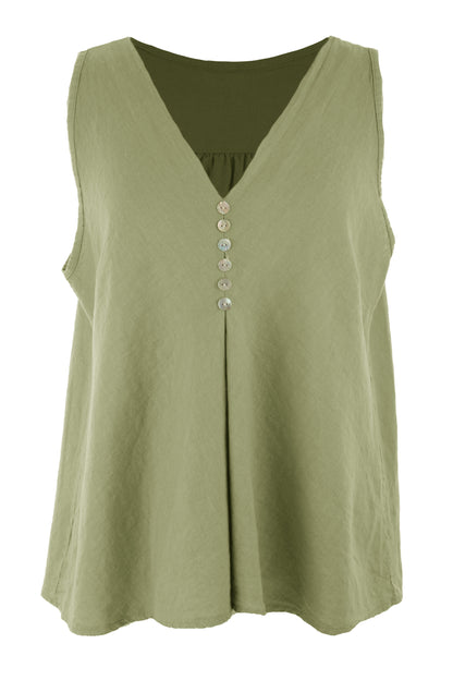 Sleeveless V Neck Button Detail Linen Top