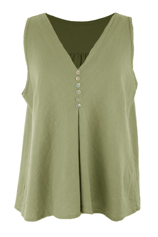 Sleeveless V Neck Button Detail Linen Top