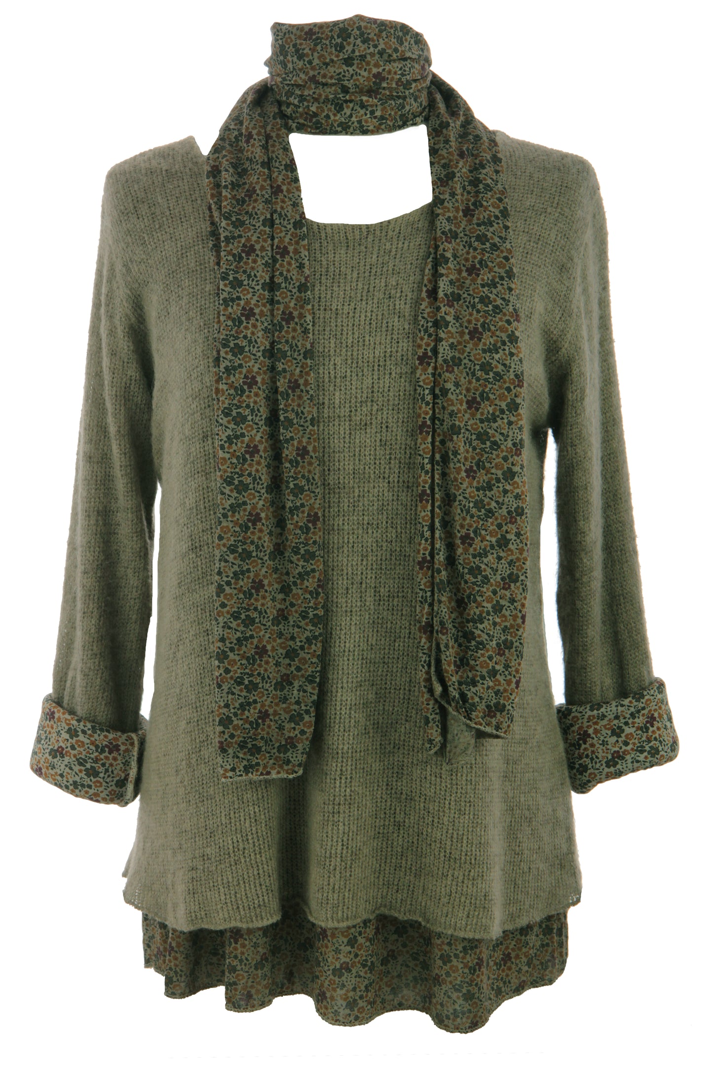 2 Piece Floral Scarf Mohair Knit Blouse