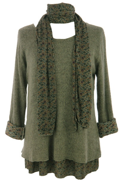 2 Piece Floral Scarf Mohair Knit Blouse
