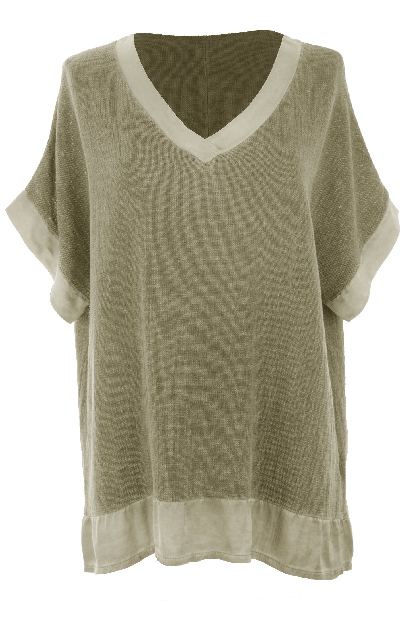 Satin Trim V Neck Teabag Linen Blouse
