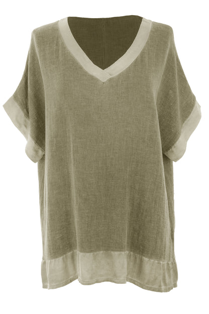 Satin Trim V Neck Teabag Linen Blouse
