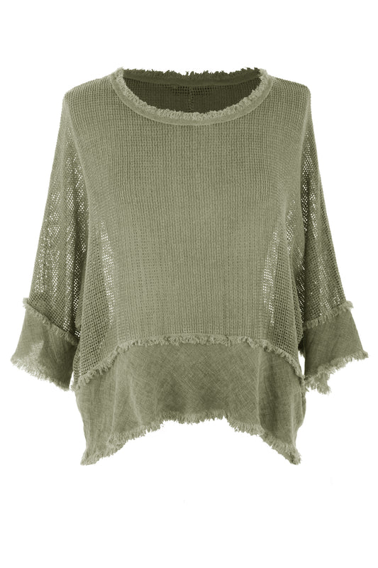 Frayed Trim Linen Mesh Top