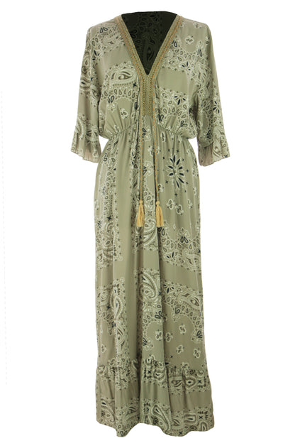 V Neck Paisley Print Midi Dress