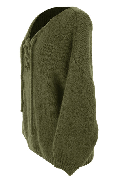 Lace Up Neck Wool Knit Jumper