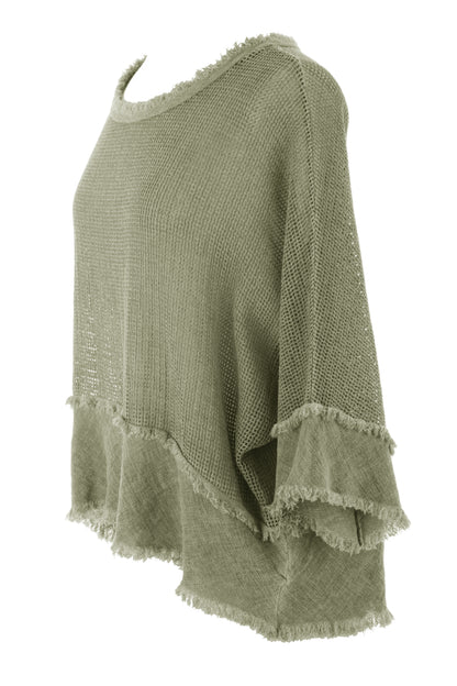 Frayed Trim Linen Mesh Top