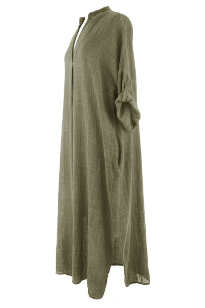 V Neck 2 Pocket Cotton Midi