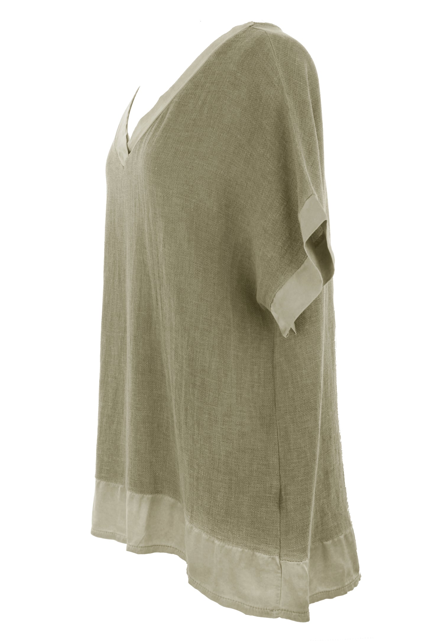 Satin Trim V Neck Teabag Linen Blouse