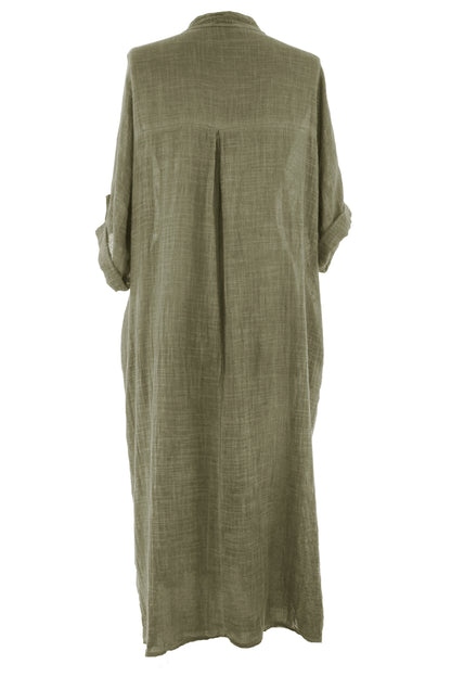 V Neck 2 Pocket Cotton Midi