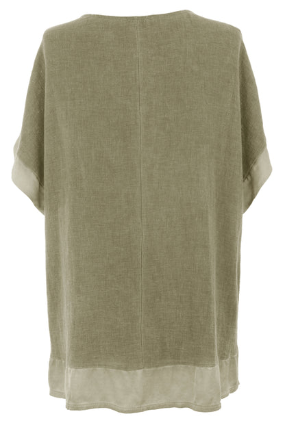 Satin Trim V Neck Teabag Linen Blouse