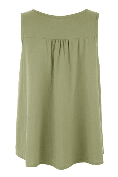 Sleeveless V Neck Button Detail Linen Top