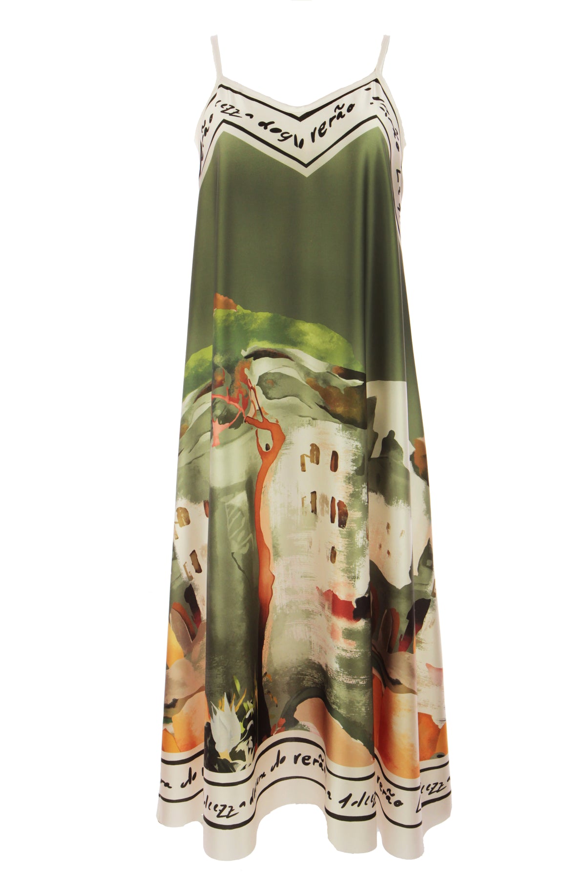 Strappy Watercolour Landscape Print Satin Midi
