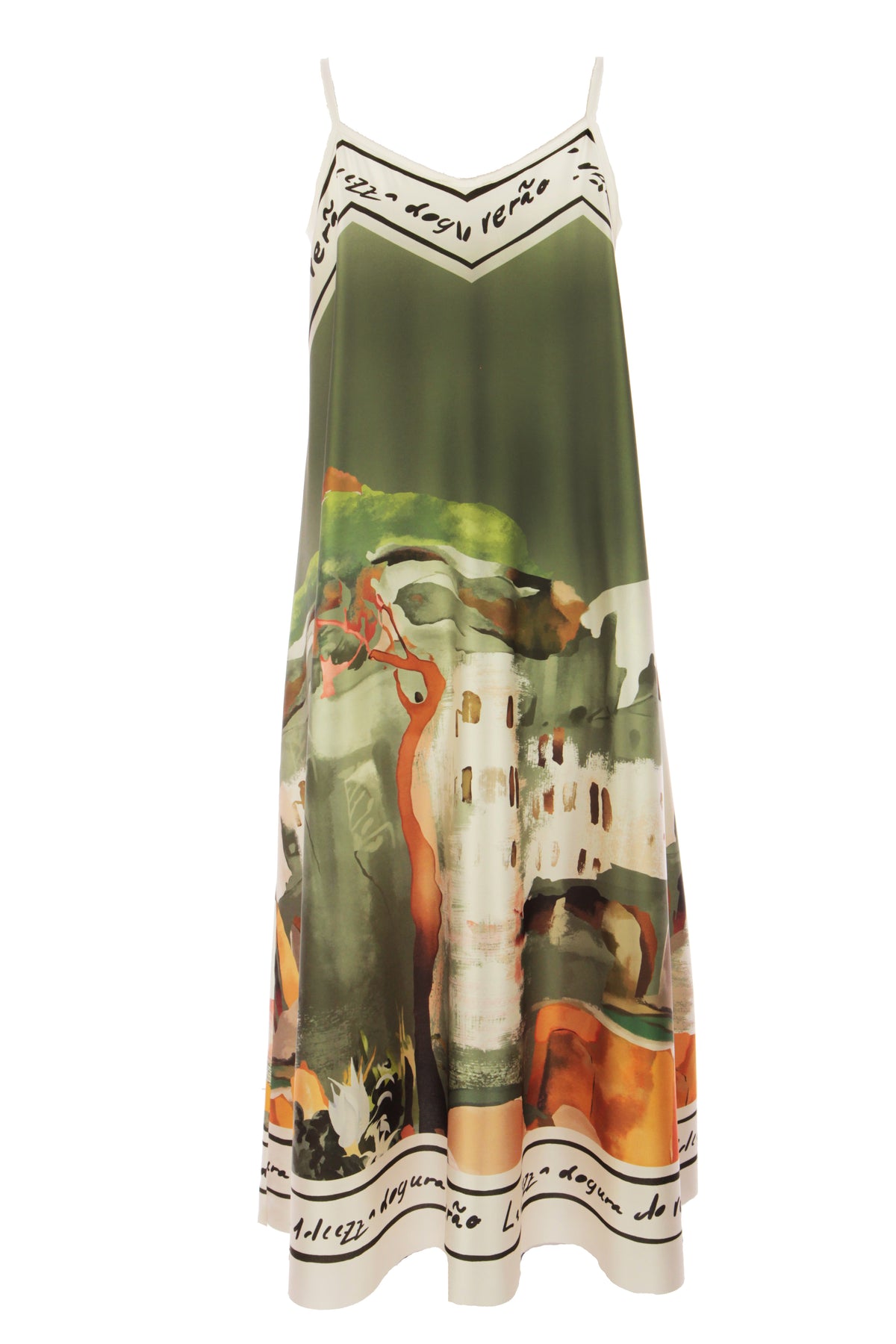 Strappy Watercolour Landscape Print Satin Midi