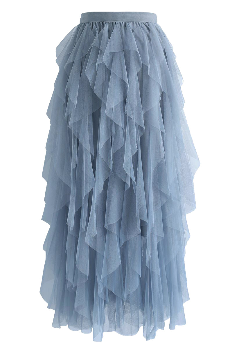 Ruffle Tulle Midi Skirt