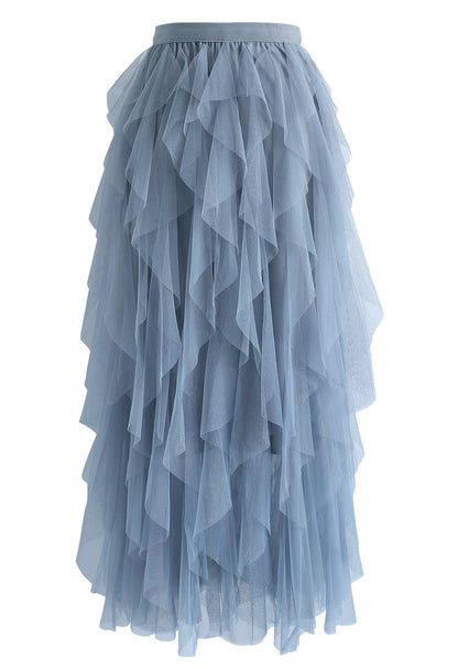 Ruffle Tulle Midi Skirt