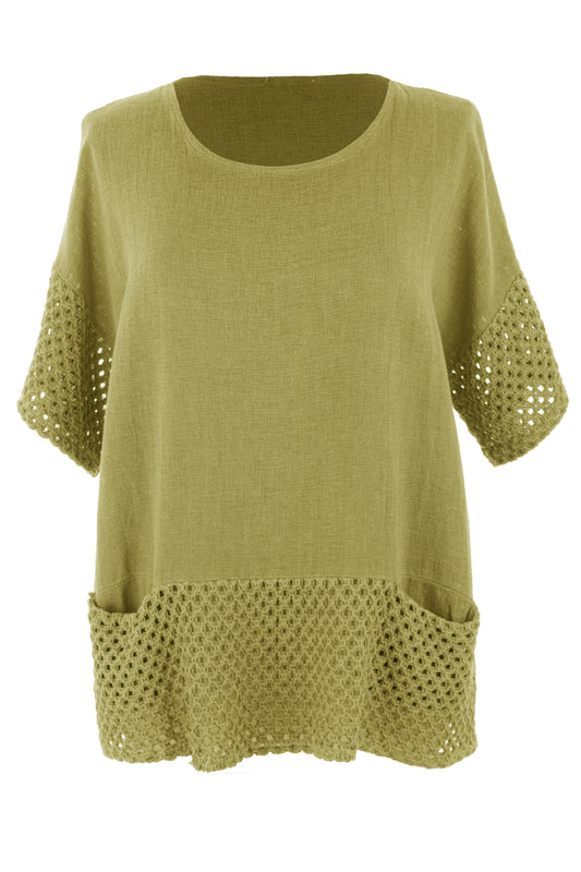 2 Pocket Crochet Detail Hopsack Top