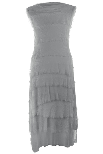 Sleeveless Frayed Detail Silk Midi