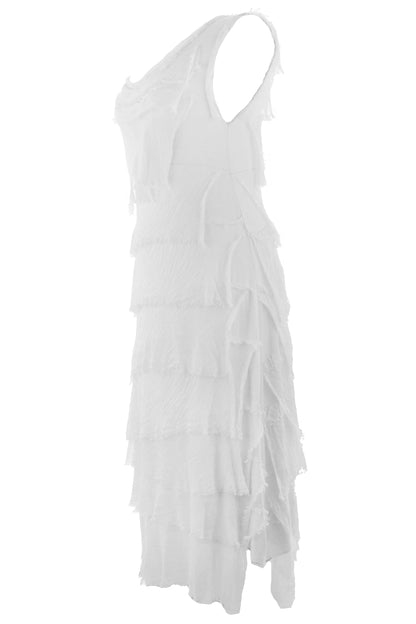 Sleeveless Frayed Detail Silk Midi