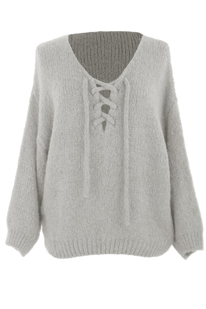 Lace Up Neck Wool Knit Jumper