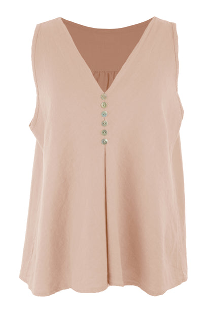Sleeveless V Neck Button Detail Linen Top