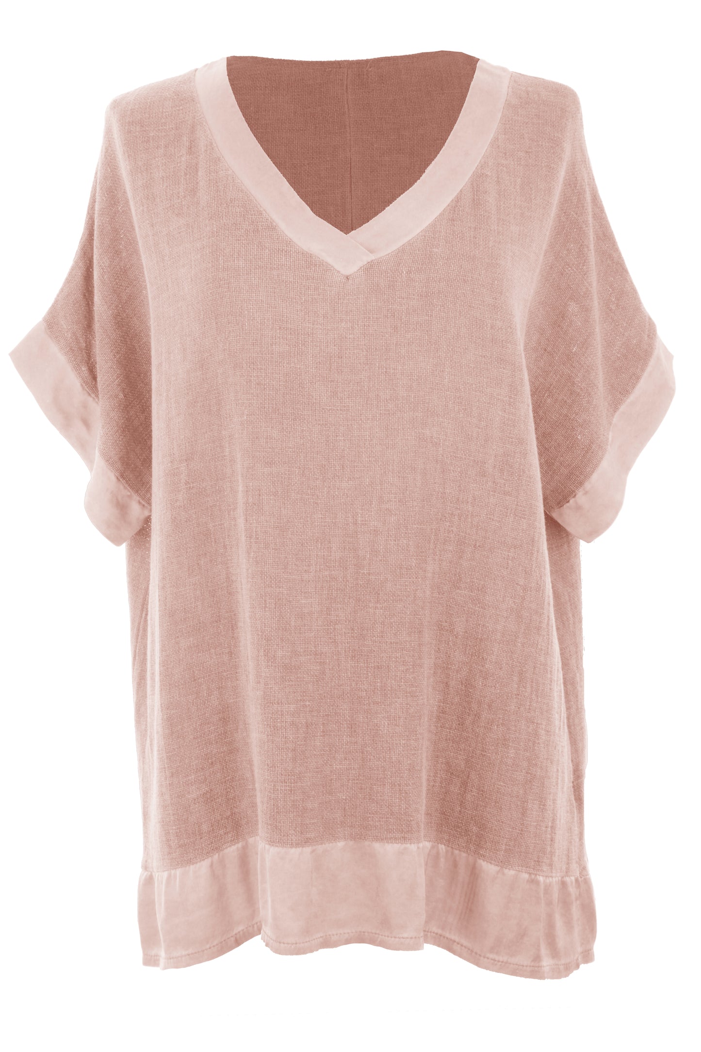 Satin Trim V Neck Teabag Linen Blouse