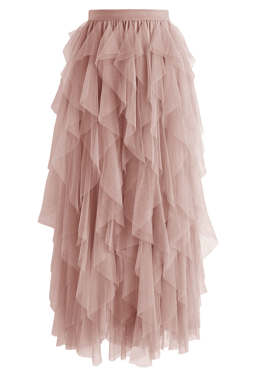 Ruffle Tulle Midi Skirt