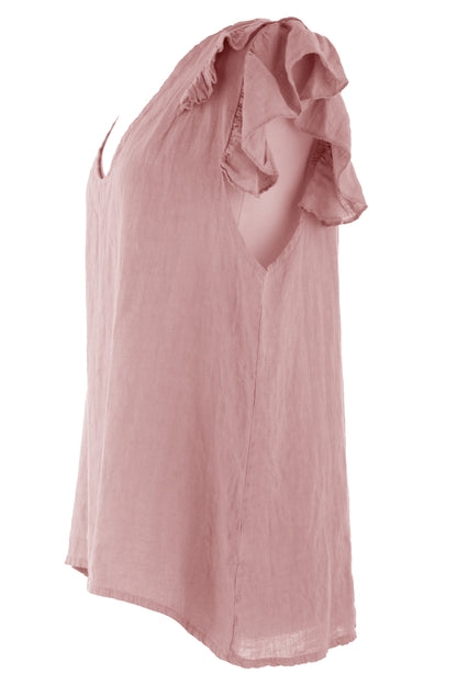 Frill Shoulder V Neck Linen Top
