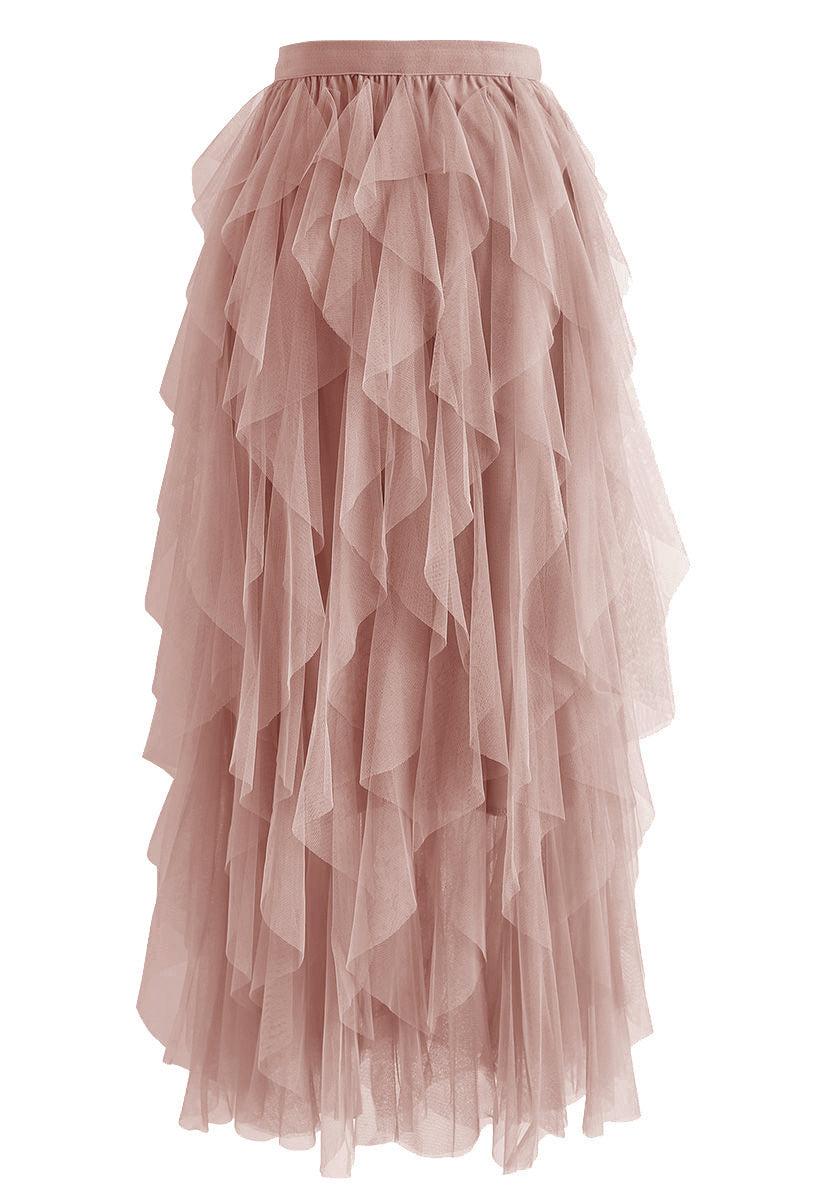 Ruffle Tulle Midi Skirt