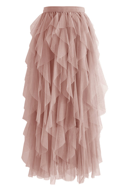 Ruffle Tulle Midi Skirt