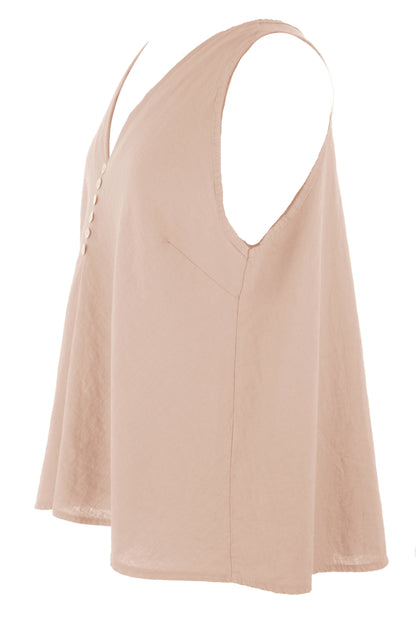 Sleeveless V Neck Button Detail Linen Top